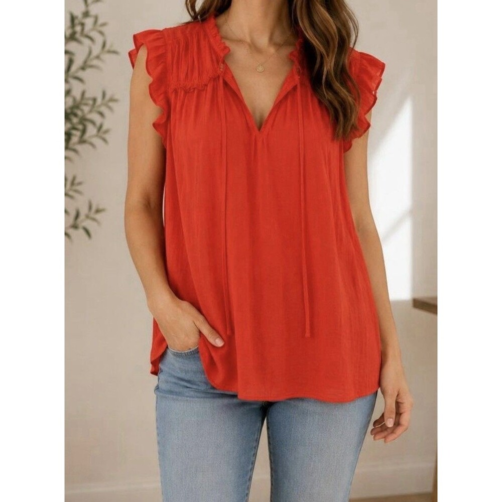 JNY Top Womens 1X Orange Ruffle Trim Tie Neck Lightweight Artsy Peasant Fairy